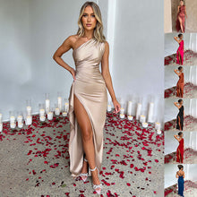 Elegant One-Shoulder Satin Slit Maxi Dress – Date Night